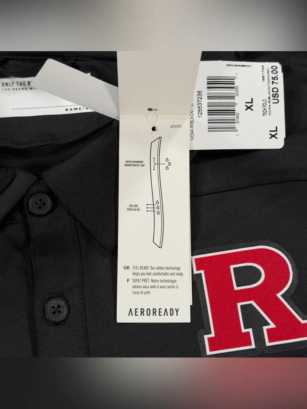 NWT Adidas Rutgers Polo Shirt Mens XL Black Aeroready Scarlet Knights Golf NCAA